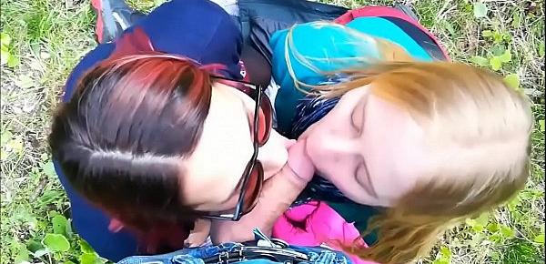  Two girls made a passionate Blowjob to a guy in the Park
